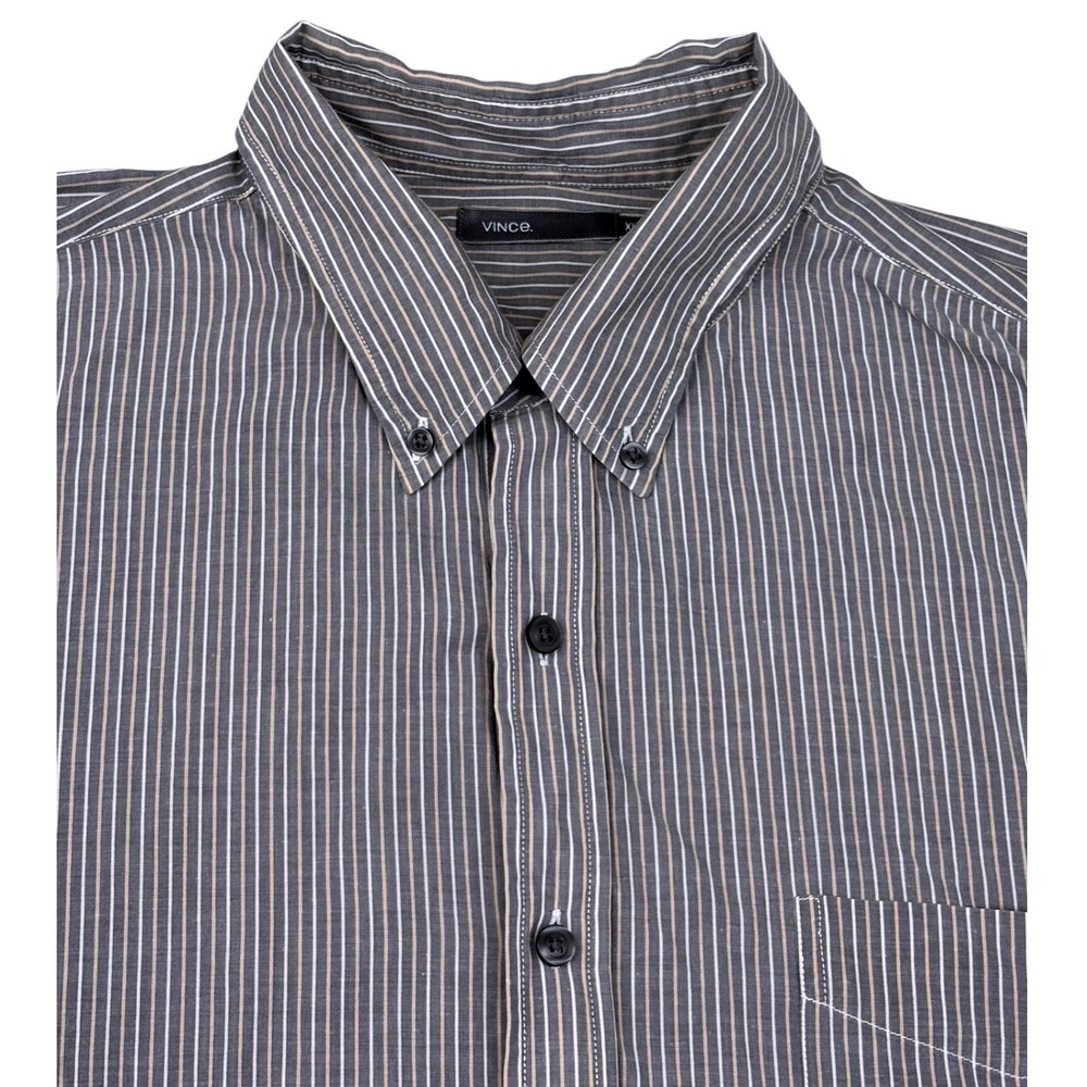 Vince Mens Button Down Shirt  XL Grey  Tan Striped Long Sleeve Pocket Preppy